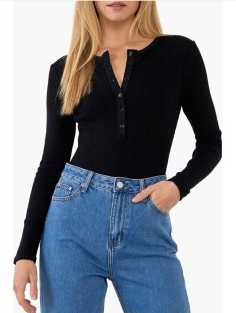 Free The Roses Ribbed Knit Henley Bodysuit Black Size Large‎